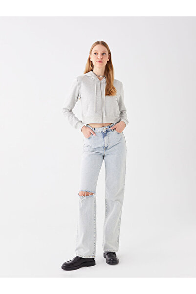 LC Waikiki Gray Hooded Plain Crop Women's Thick Zippered Sweatshirt