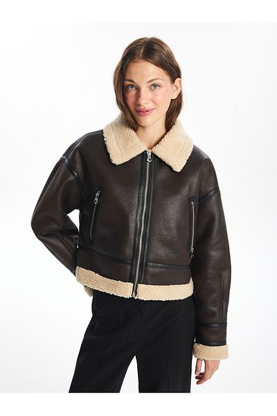 LC Waikiki Γυναικείο δερμάτινο παλτό Oversize γιακά πουκάμισου