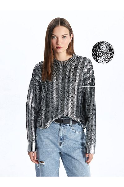 LC Waikiki Crew Neck Self-Patterned Long Sleeve Women's Metallic Knitwear Sweater