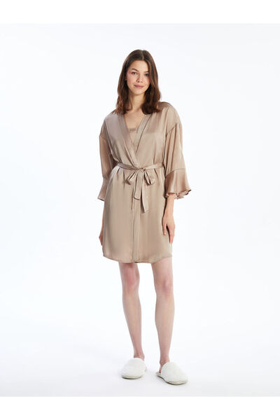 LC Waikiki Beige Shawl Collar Plain Long Sleeve Satin Women's Dressing Gown