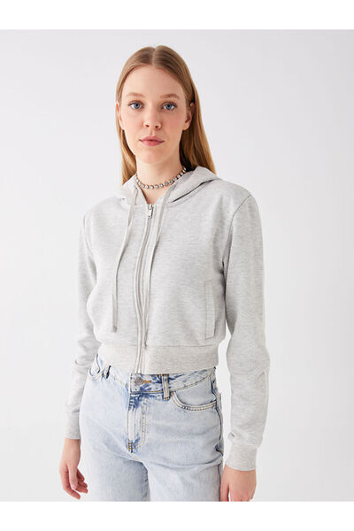 LC Waikiki Gray Hooded Plain Crop Women's Thick Zippered Sweatshirt