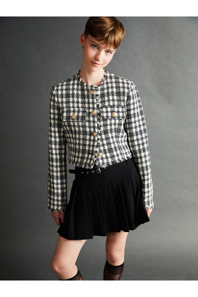 LC Waikiki Black Crew Neck Plaid Women's Jacket