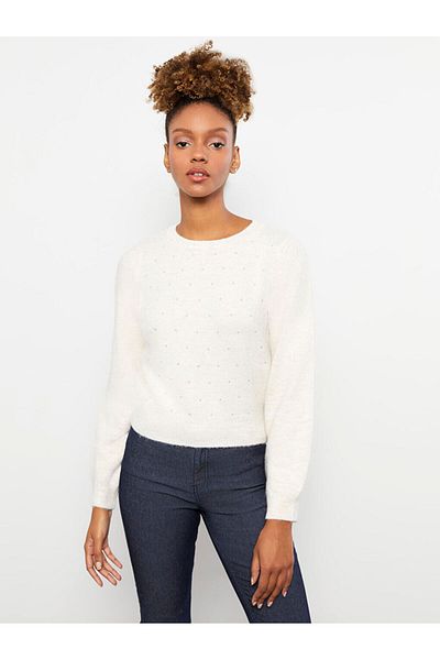 LC Waikiki Langärmliger Strickpullover mit Rundhalsausschnitt und Paillettenbedruckung für Damen