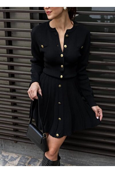 Alegre Fekete arany kötöttáru redőzött kardigán és szoknya szett - Xs-s-m méretre alkalmas