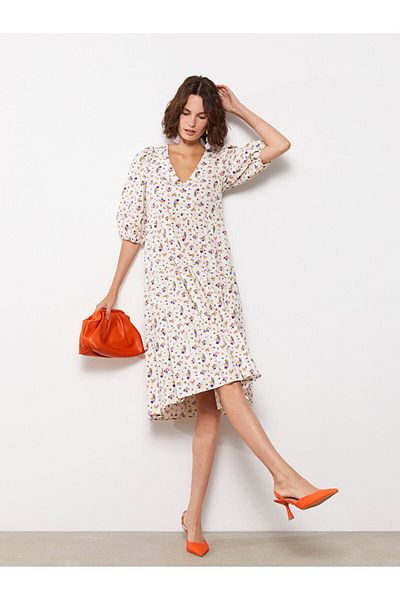 LC Waikiki V-Neck Floral Short Sleeve Poplin Women's Dress