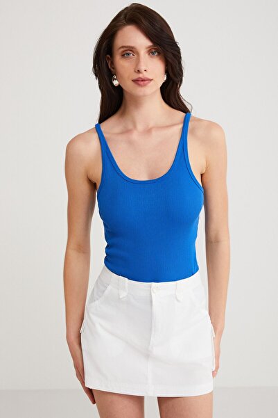 ETHIQUET Lızeth Kadın Slim Fit Dar Kesim Oyuk Yaka Ince Askılı Basic Mavi Atlet