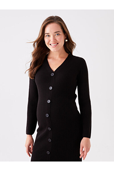 LC Waikiki V Yaka Düz Uzun Kollu Hamile Triko Elbise