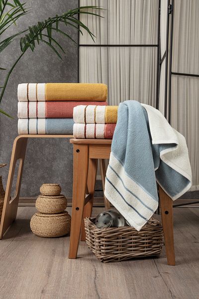 Sevim Striped Hand/Face Towel - Yarn Dyed & High Water Absorbent - 100% Cotton - 45X85 cm - Terra