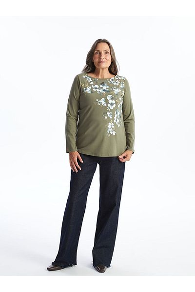 LC Waikiki Lcw Grace Khaki Floral Print Women's T-Shirt - Crew Neck