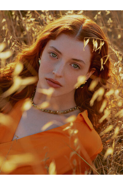 LC Waikiki Orange Shirt Collar Straight Long Sleeve Satin Dress