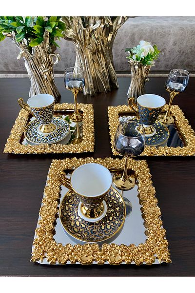 atabey home collection 4 قطع صب معدني للقهوة والشاي وصينية العرض