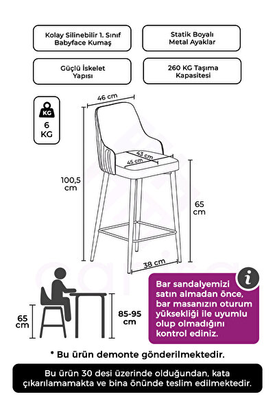 Canisa Tera Serisi 1 Adet 65 Cm Gri Ada Mutfak Bar Sandalyesi Babyface Kumaş Siyah Metal Ayaklı