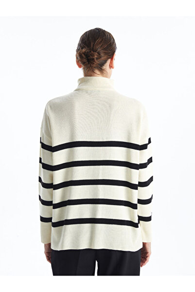 LC Waikiki Ecru Mock Neck Striped Oversized Women's Knitwear Sweater