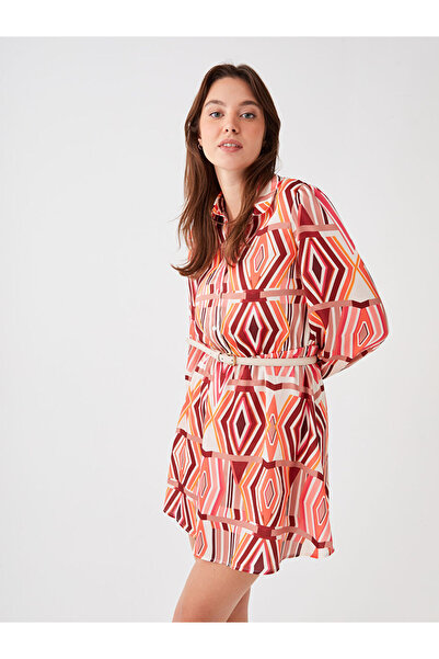 LC Waikiki LCW Vision Damen-Hemdkleid aus Satin mit rotem Muster und langen Ärmeln