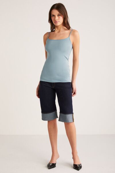 ETHIQUET Khloe Kadın Slim Fit Dar Kesim Pamuklu Ince Askılı Kare Yaka Sıfır Kol Basic Yeşil Atlet