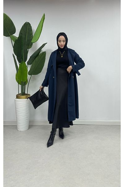 Tesettür Diyarı Turin Fabric Trenc with Back Slit Detail 120cm - Navy Blue