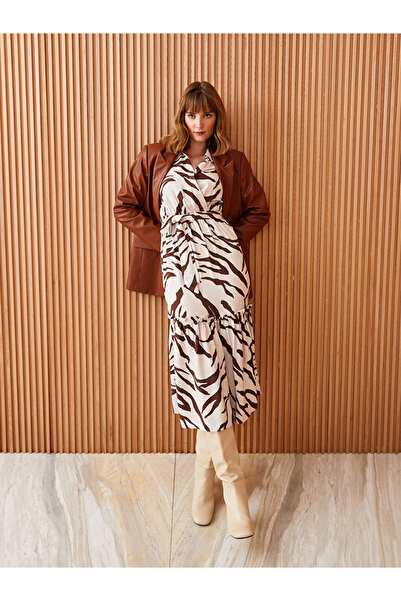 LC Waikiki Beige Shirt Collar Patterned Long Sleeve Dress