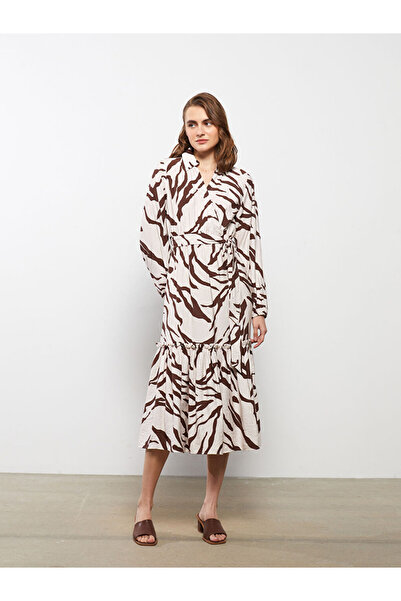 LC Waikiki Beige Shirt Collar Patterned Long Sleeve Dress