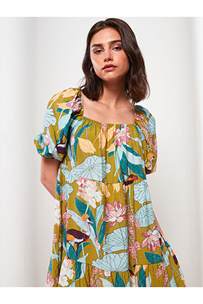 LC Waikiki Green Square Neck Patterned Short Sleeve Dress