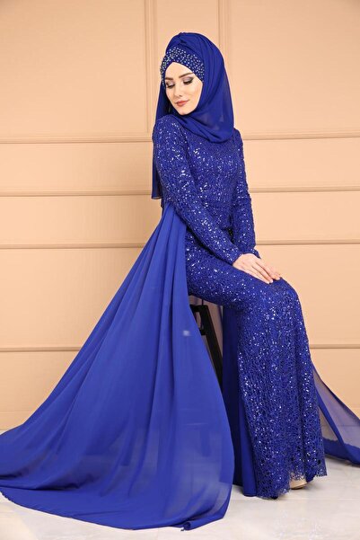 poplinmoda Şifon Kuyruklu Payetli Tesettür Abiye 2002