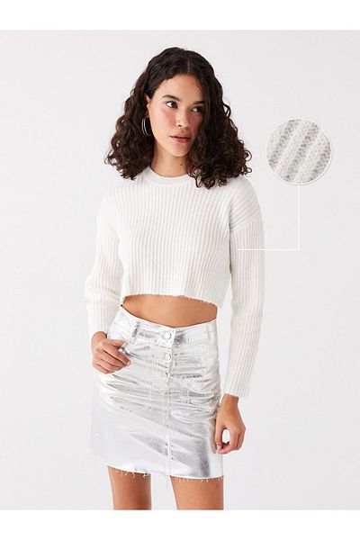LC Waikiki Kurzer Strickpullover für Damen mit Rundhalsausschnitt, langen Ärmeln