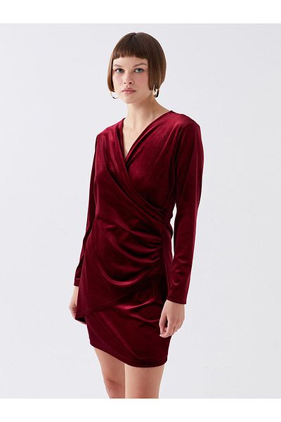 LC Waikiki Zweireihiges, langärmeliges Damenkleid mit Kragen und Lederoptik