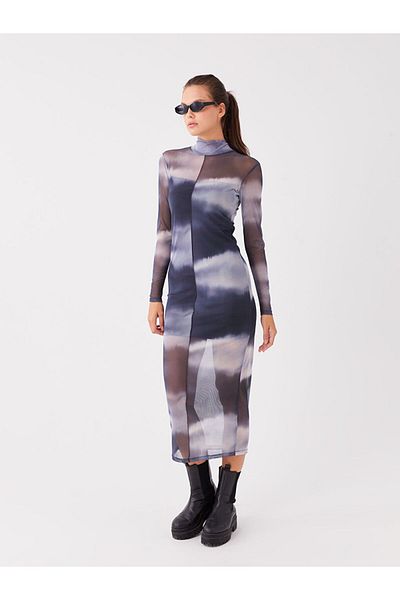 LC Waikiki Xside Grey Stand Collar Tie Dye Print Long Sleeve Women's Bodycon Dress