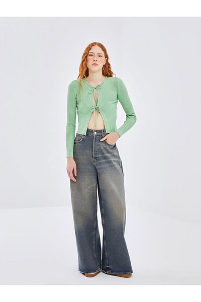 LC Waikiki Green Laced Collar Women's Knitwear Cardigan