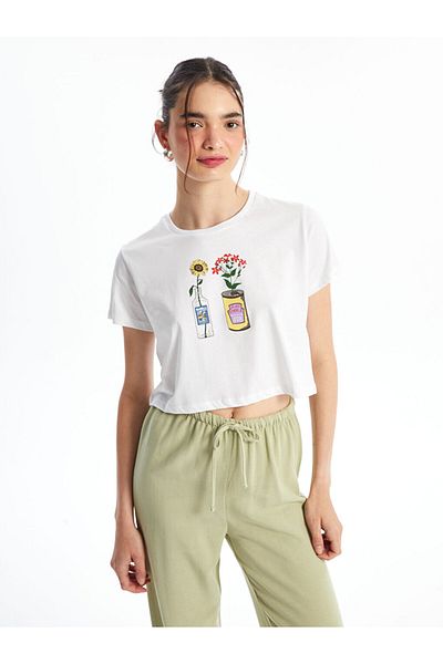 LC Waikiki New Season Crew Neck Printed Short Sleeve Women's Crop - S4Ny57Z8