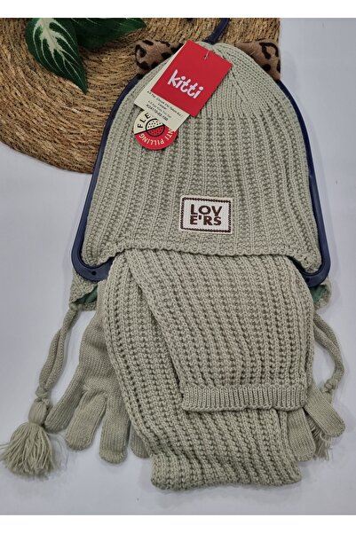 Uğur bebe طقم قبعة صوف وقفازات للبنات من 3 قطع - لون حجري، 4-8 سنوات