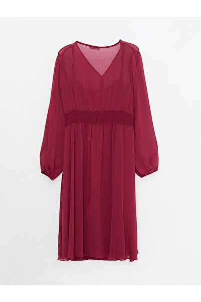 LC Waikiki Burgundy V-Neck Plain Long Sleeve Chiffon Dress