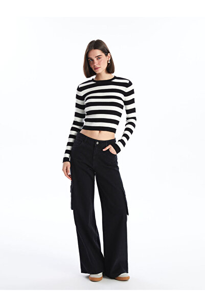 LC Waikiki Ecru Crew Neck Striped Long Sleeve Crop Women's Knitwear Sweater