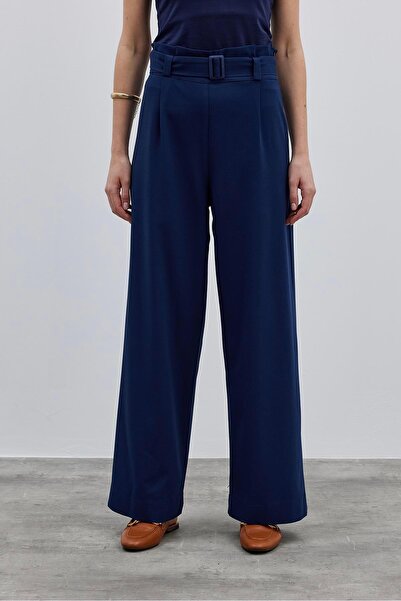 Fahhar Navy Blue Belted Women's Trousers