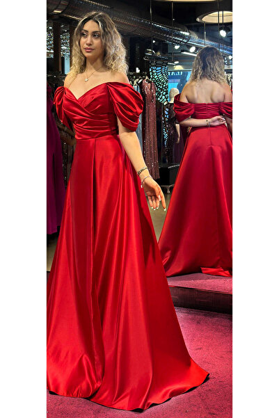 Abiyeniall Kırmızı Düşük Kollu  Anvelop Yırtmaçlı Kloş Etekli Saten Uzun Abiye Elbise 7568