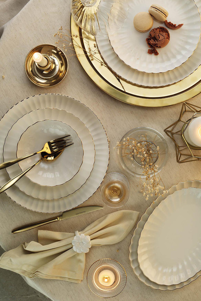 Kütahya Porselen Luz Form Altın File 52 Parça 12 Kişilik Bone Porselen Yemek Takımı