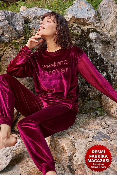 Aydoğan Set pijama din catifea fucsia - decolteu, maneca lunga - B1-4 - 10118 - Aydogan ®