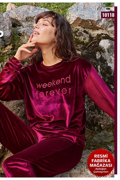 Aydoğan Set pijama din catifea fucsia - decolteu, maneca lunga - B1-4 - 10118 - Aydogan ®