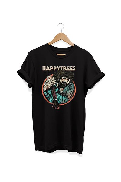 remonz Happy Trees Printed - 100% βαμβακερό μπλουζάκι Oversize, Crew Neck, Large Size