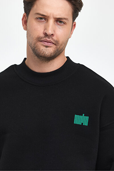 MAXIMILLIAN Hanorac oversize cu gât cu broderie pentru bărbați - NEGRU