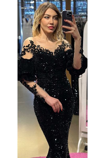 Abiyeniall Women's Long Sleeve Sequin Slim Fit Evening Dress Black 7327
