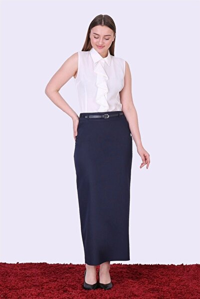 apsen Women's Navy Blue Belted Hidden Pocket Detailed Polyviscose Hijab Skirt 2096/95