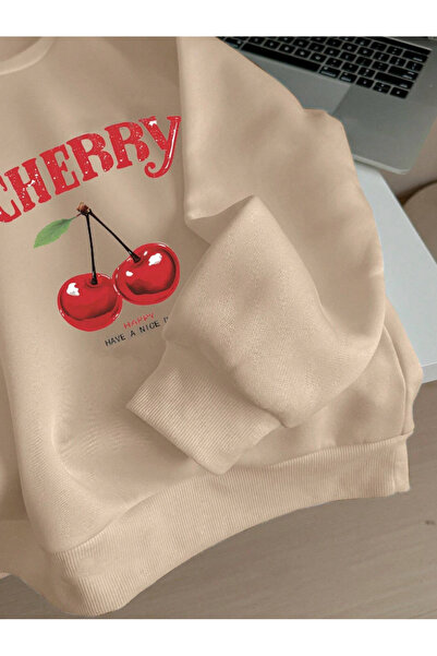 Revasser Unisex Erkek/Kadın CHERRY Özel Renkli Oversize Bisiklet Yaka Pamuklu Sweatshirt