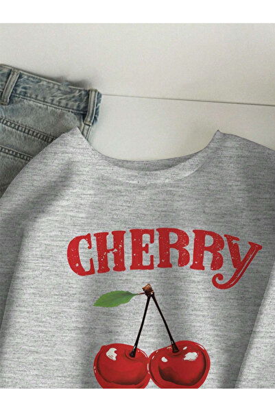 Revasser Unisex Erkek/Kadın CHERRY Özel Renkli Oversize Bisiklet Yaka Pamuklu Sweatshirt