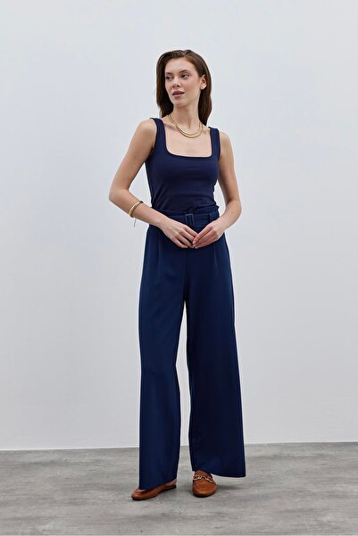 Fahhar Navy Blue Belted Women's Trousers