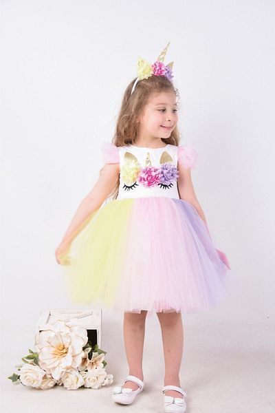 melek golden unicorn with crown girl's dress birthday dress girl's party dress