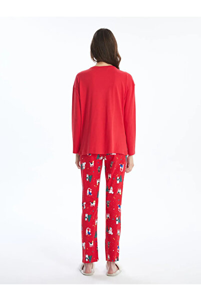 LC Waikiki Vibrant Red Printed Crew Neck Christmas Themed Women's Pajamas Set