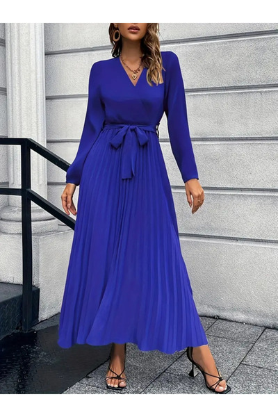 Viyamo Rochie de damă cu mânecă lungă, cu guler dublu, cu centură în talie, plisată, din crep importat