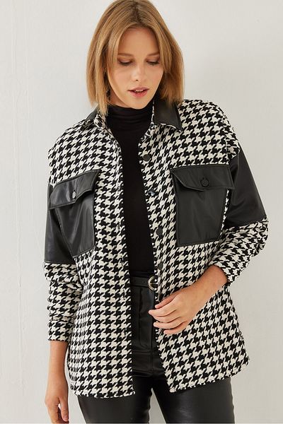 Bianco Lucci Női Houndstooth mintás bőr díszítésű bélyegző ing 60351193