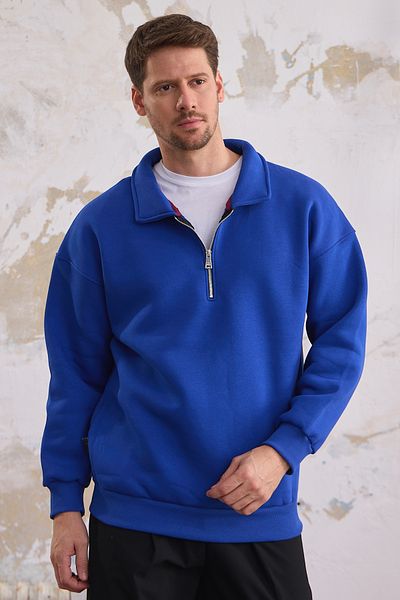 MAXIMILLIAN Men's Sax Blue Half Zipper Sweatshirt - Regular Fit