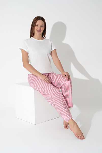 ModaLeaf Pink Color Striped Short Sleeve Pajamas Set 310